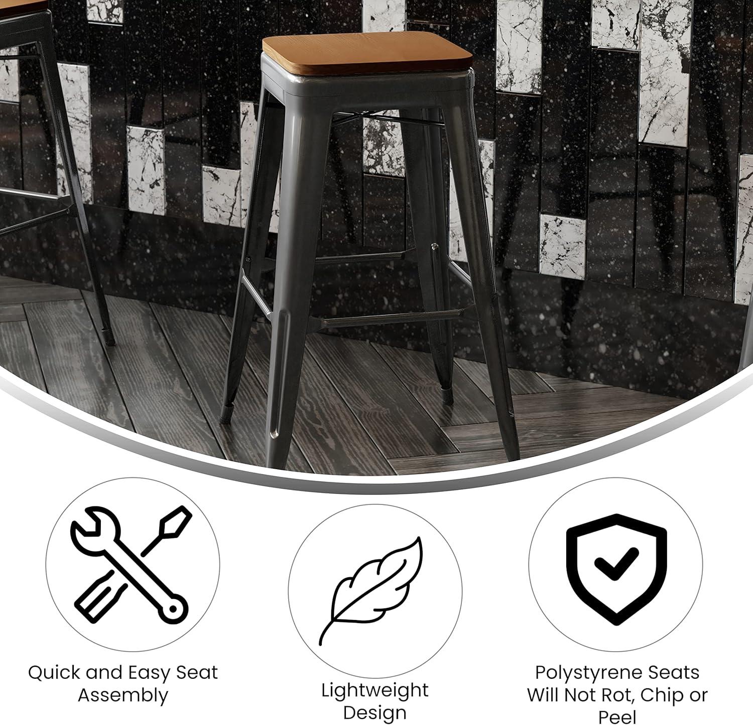image:imageFlash Furniture Kai Commercial Grade IndoorOutdoor Bar Height Stool Silver Metal Frame Gray Poly Resin Seat 30 High BacklessBlackTeak