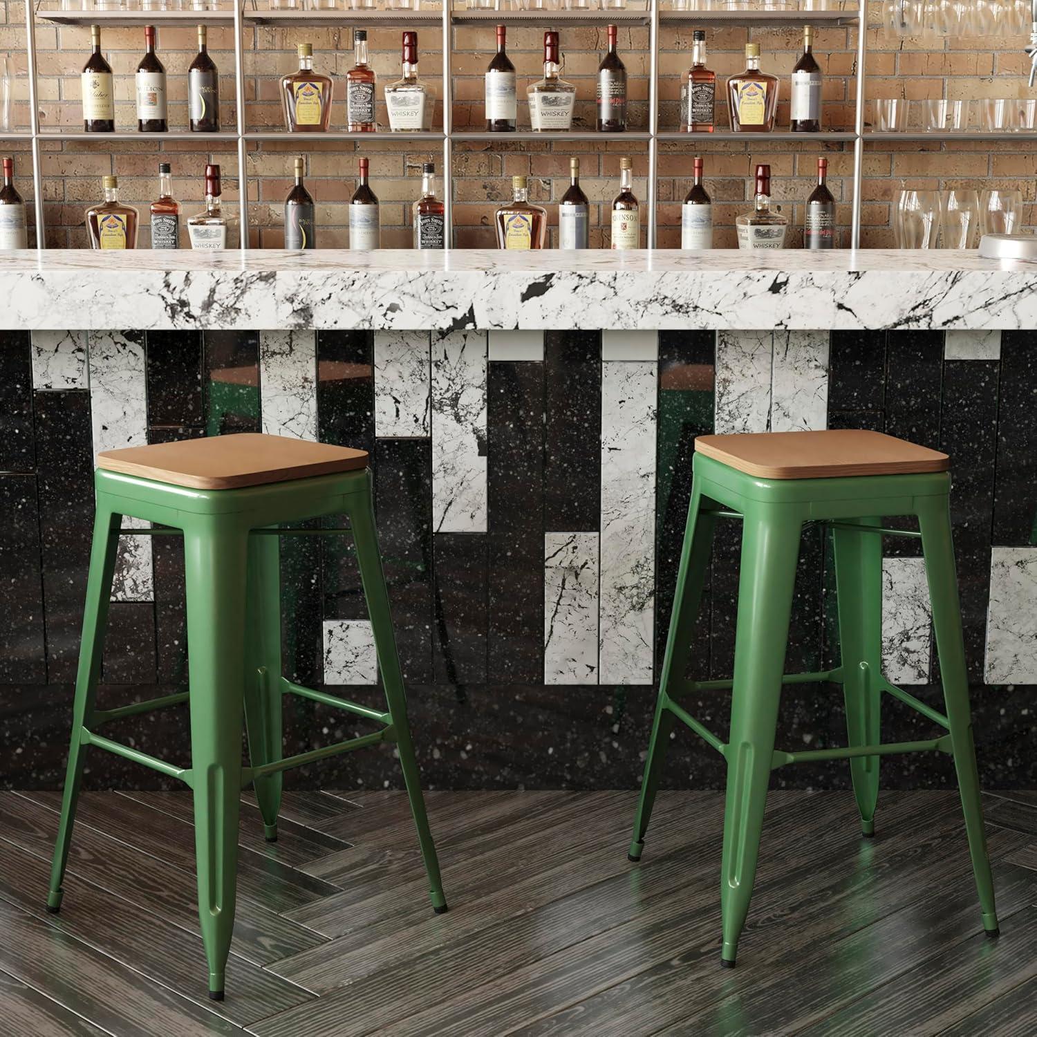 image:imageFlash Furniture Kai Commercial Grade IndoorOutdoor Bar Height Stool Silver Metal Frame Gray Poly Resin Seat 30 High BacklessGreenTeak
