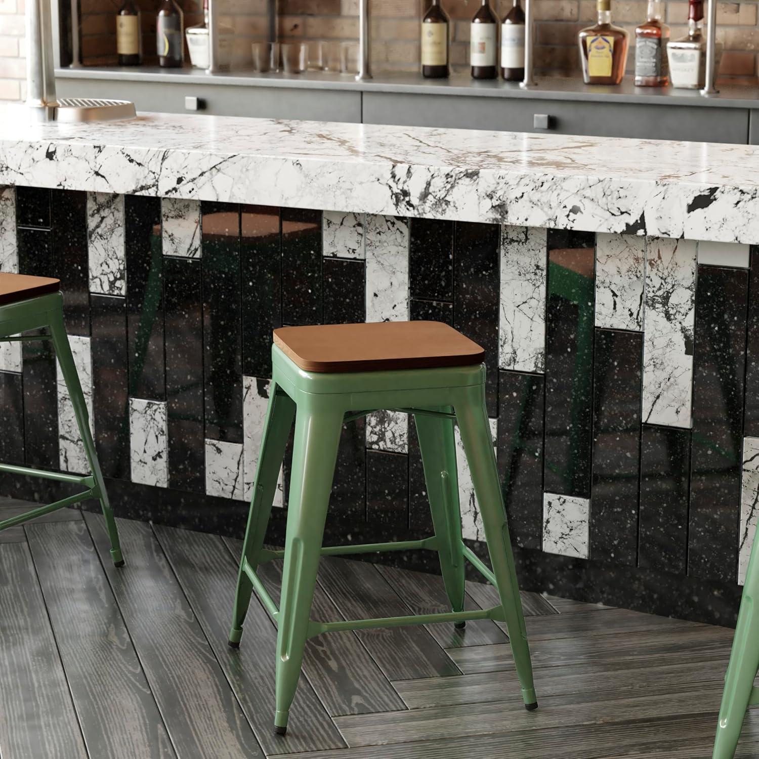 image:imageFlash Furniture Kai Commercial Grade IndoorOutdoor Bar Height Stool Silver Metal Frame Gray Poly Resin Seat 30 High BacklessGreenTeak