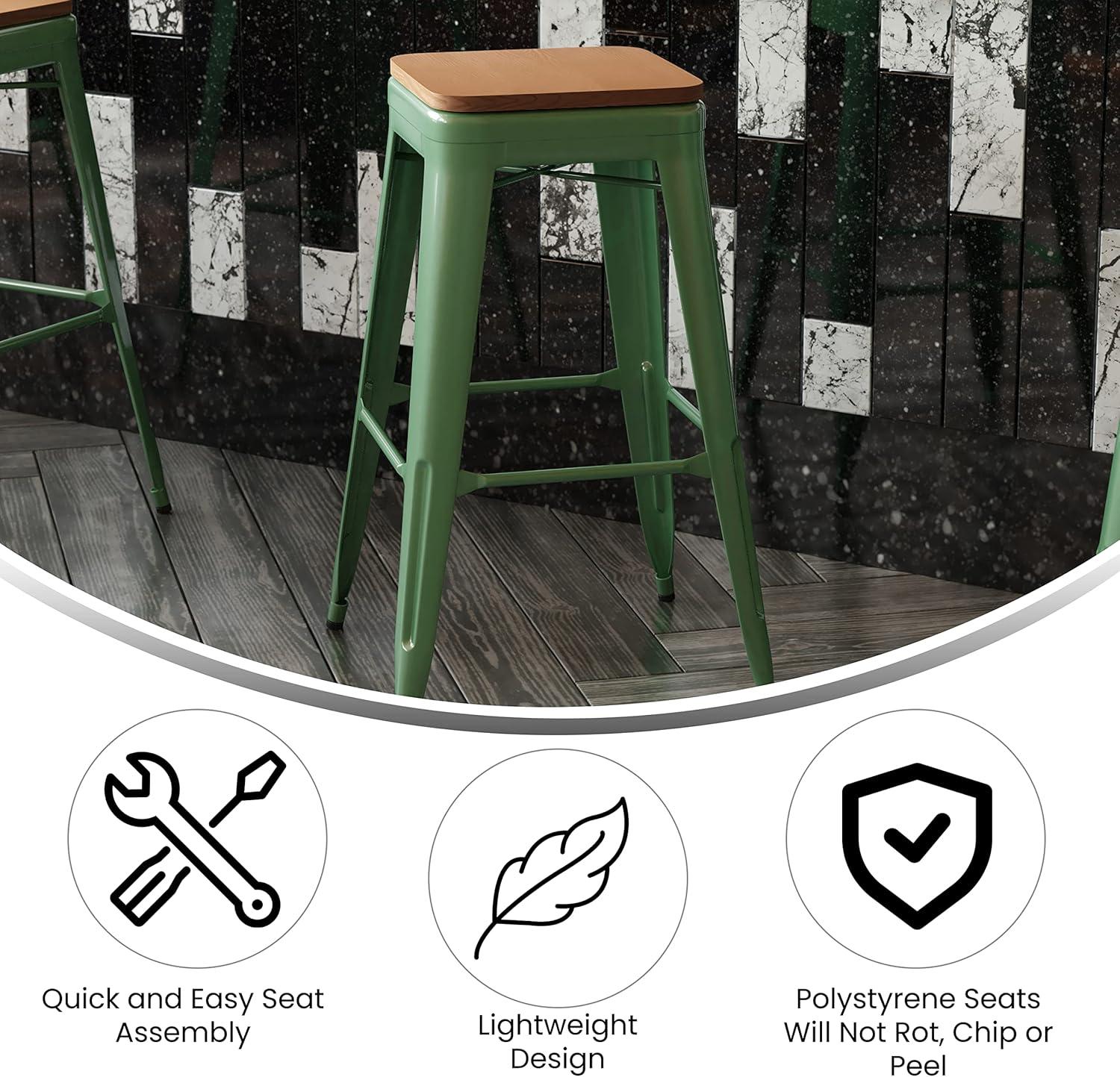 image:imageFlash Furniture Kai Commercial Grade IndoorOutdoor Bar Height Stool Silver Metal Frame Gray Poly Resin Seat 30 High BacklessGreenTeak