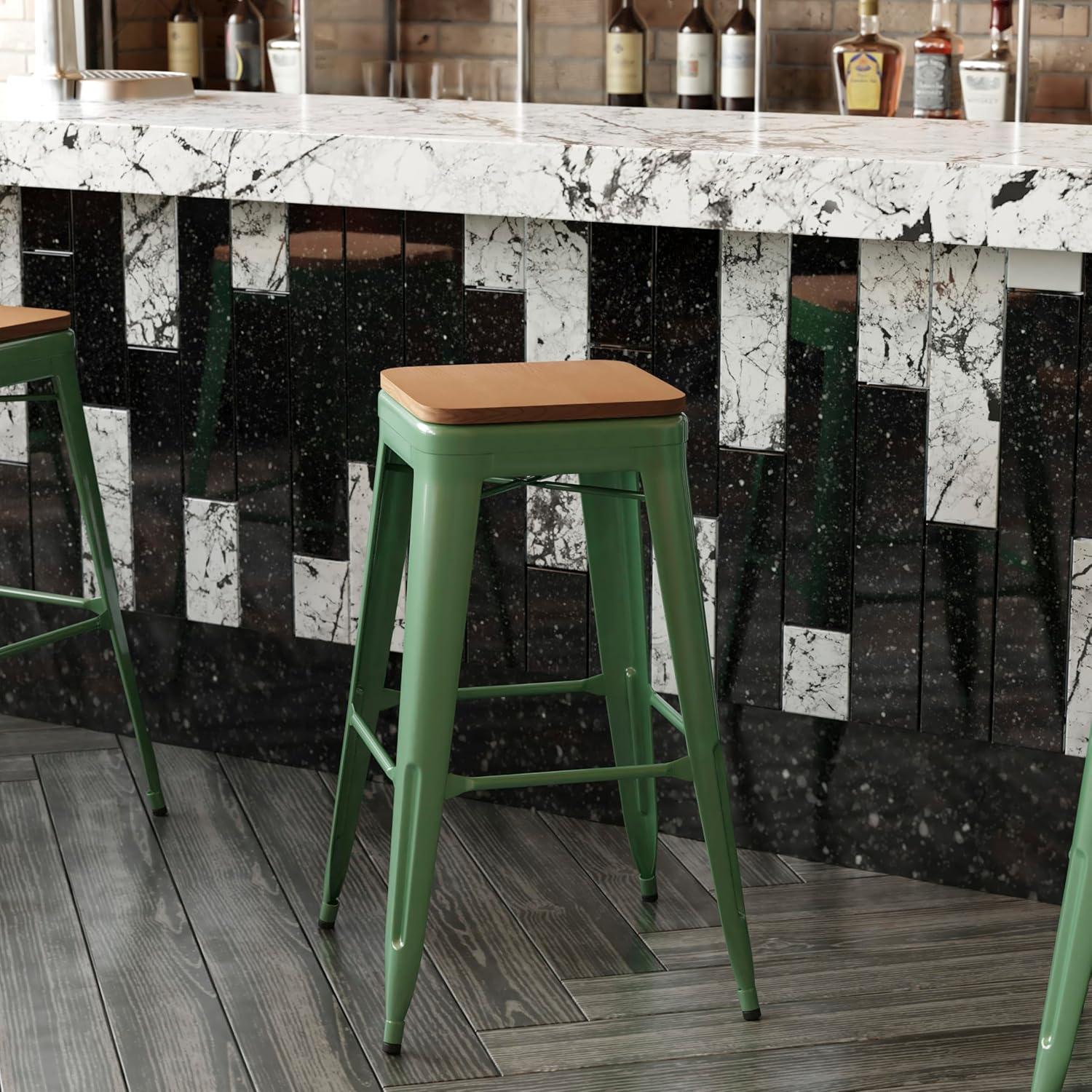 image:imageFlash Furniture Kai Commercial Grade IndoorOutdoor Bar Height Stool Silver Metal Frame Gray Poly Resin Seat 30 High BacklessGreenTeak