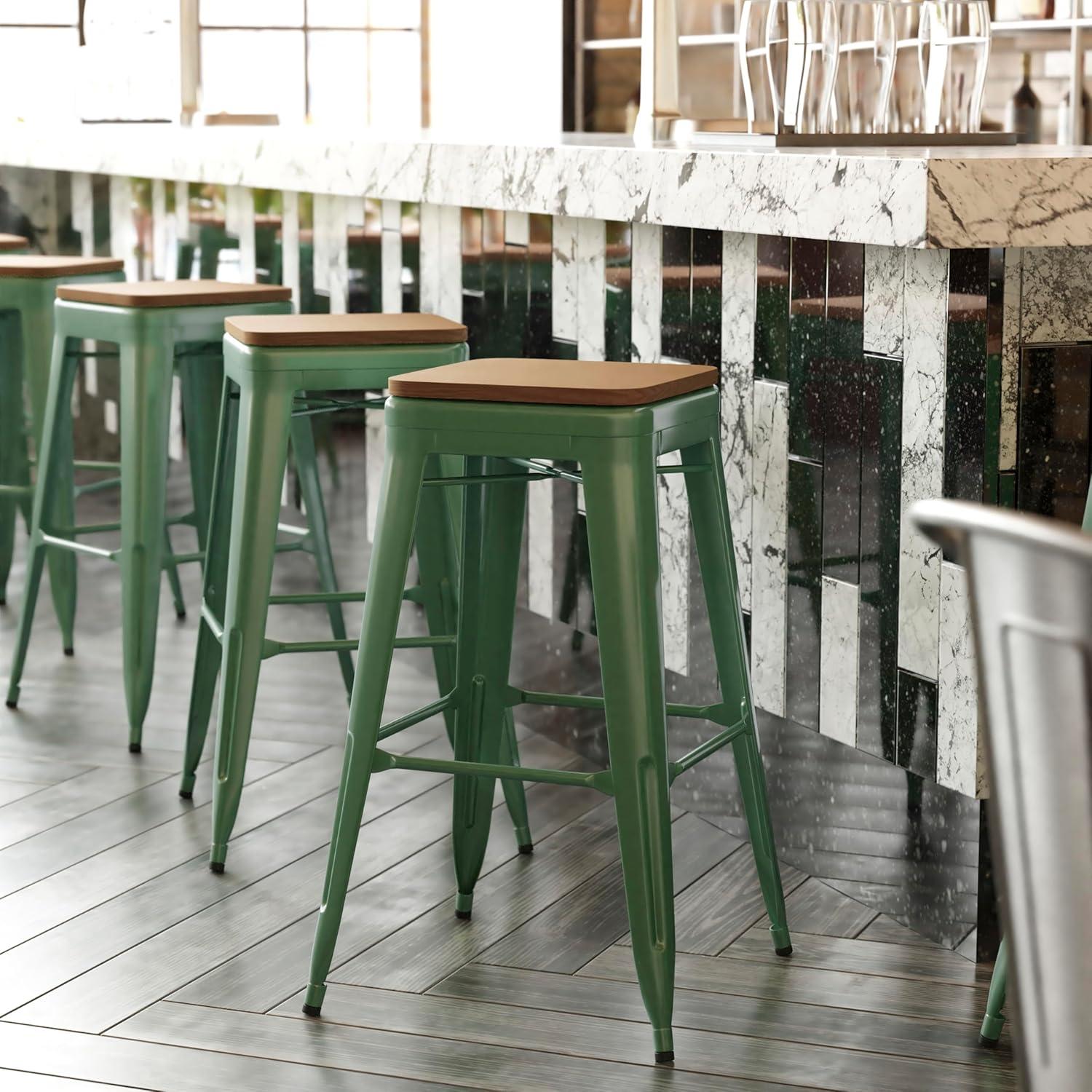 image:imageFlash Furniture Kai Commercial Grade IndoorOutdoor Bar Height Stool Silver Metal Frame Gray Poly Resin Seat 30 High BacklessGreenTeak