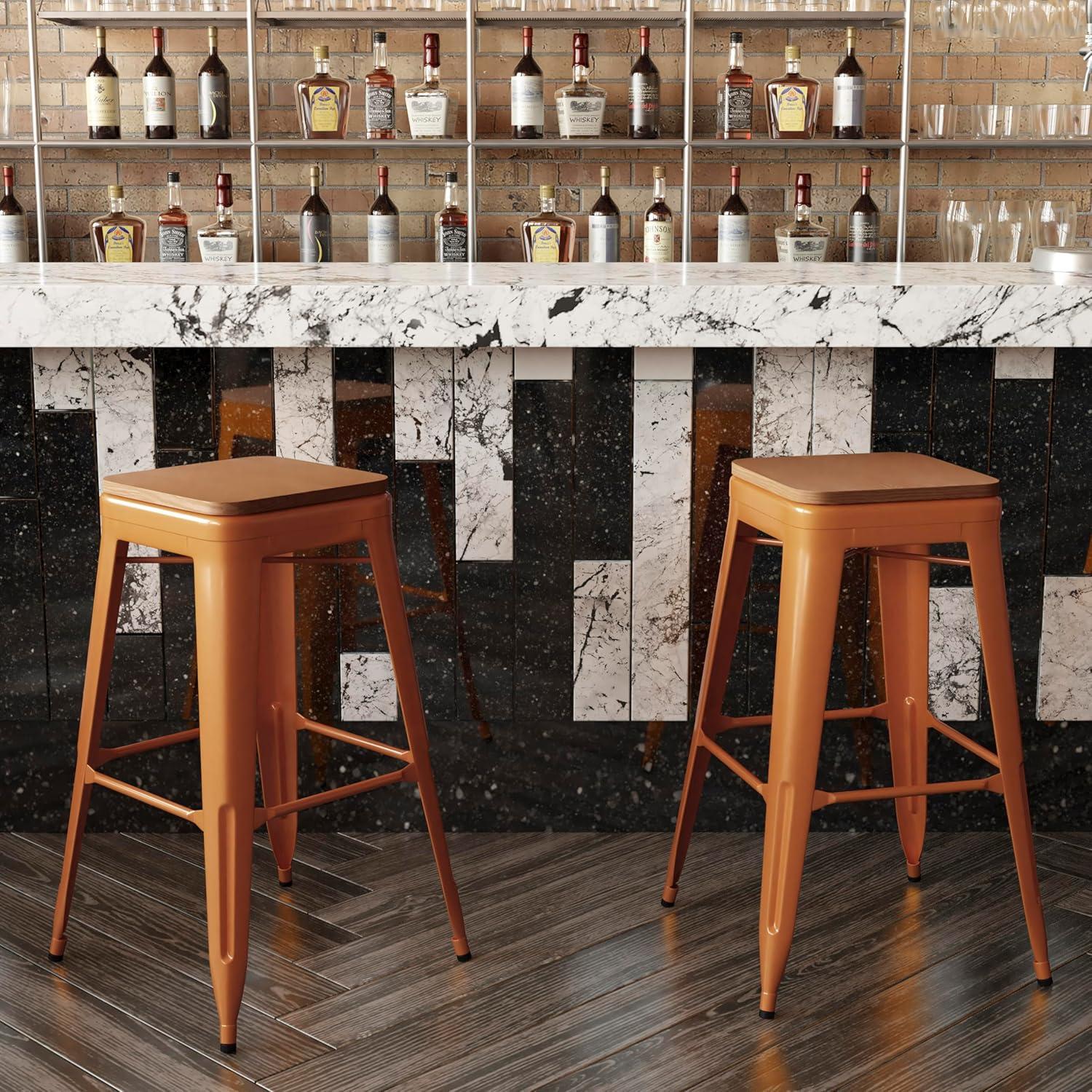 image:imageFlash Furniture Kai Commercial Grade IndoorOutdoor Bar Height Stool Silver Metal Frame Gray Poly Resin Seat 30 High BacklessOrangeTeak