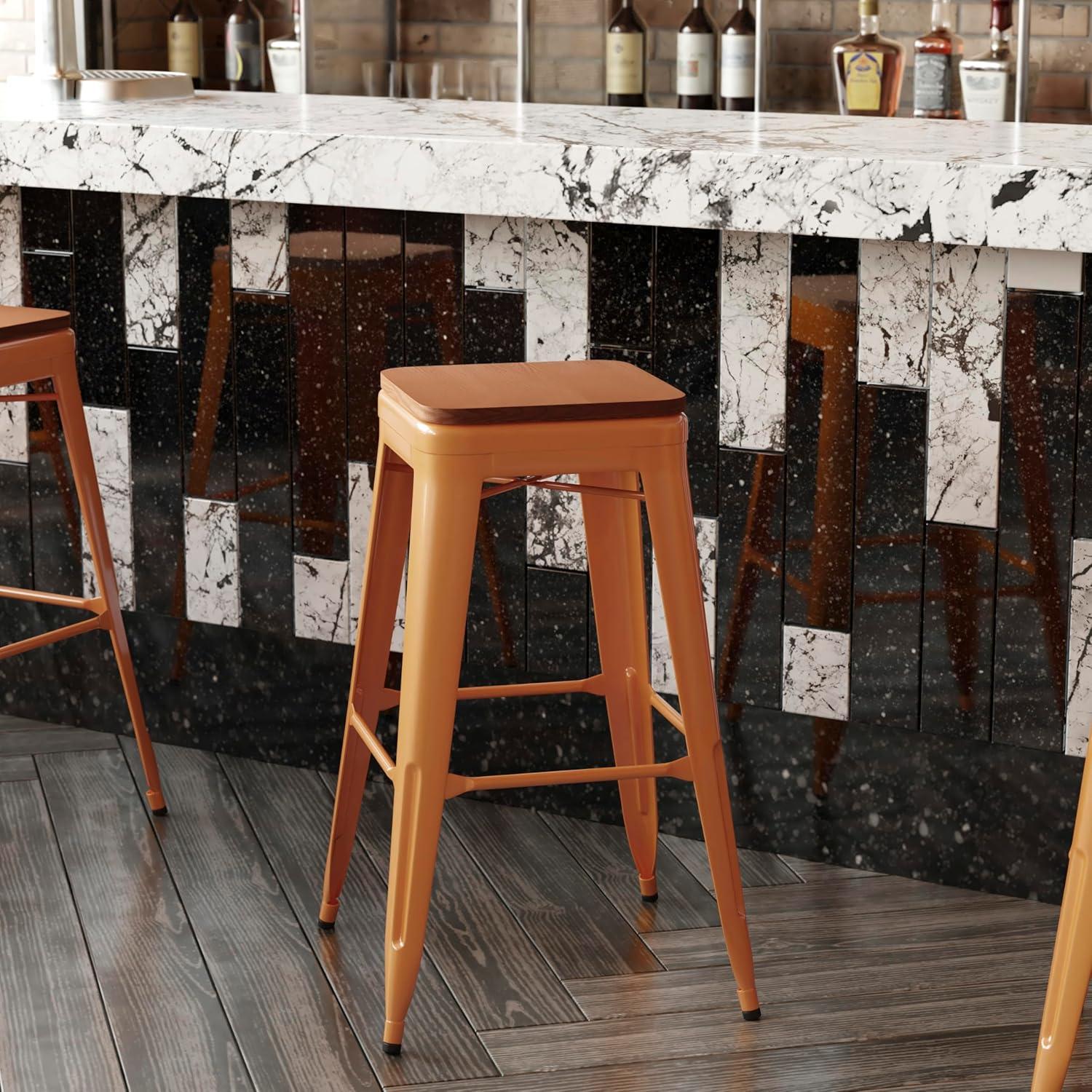 image:imageFlash Furniture Kai Commercial Grade IndoorOutdoor Bar Height Stool Silver Metal Frame Gray Poly Resin Seat 30 High BacklessOrangeTeak