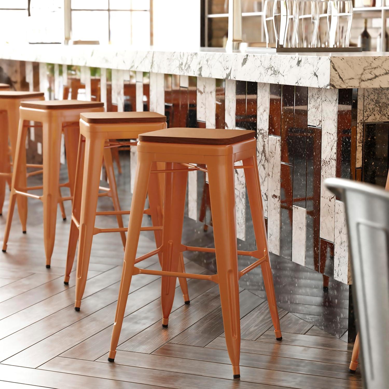 image:imageFlash Furniture Kai Commercial Grade IndoorOutdoor Bar Height Stool Silver Metal Frame Gray Poly Resin Seat 30 High BacklessOrangeTeak