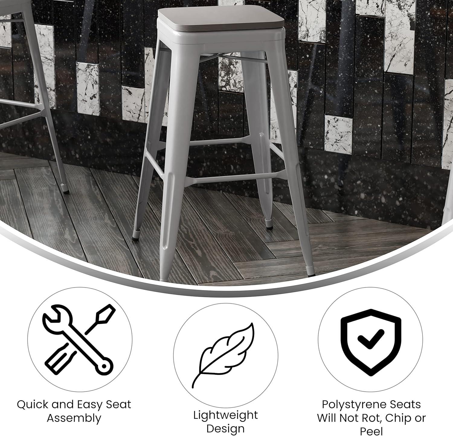 image:imageFlash Furniture Kai Commercial Grade IndoorOutdoor Bar Height Stool Silver Metal Frame Gray Poly Resin Seat 30 High BacklessSilverGray