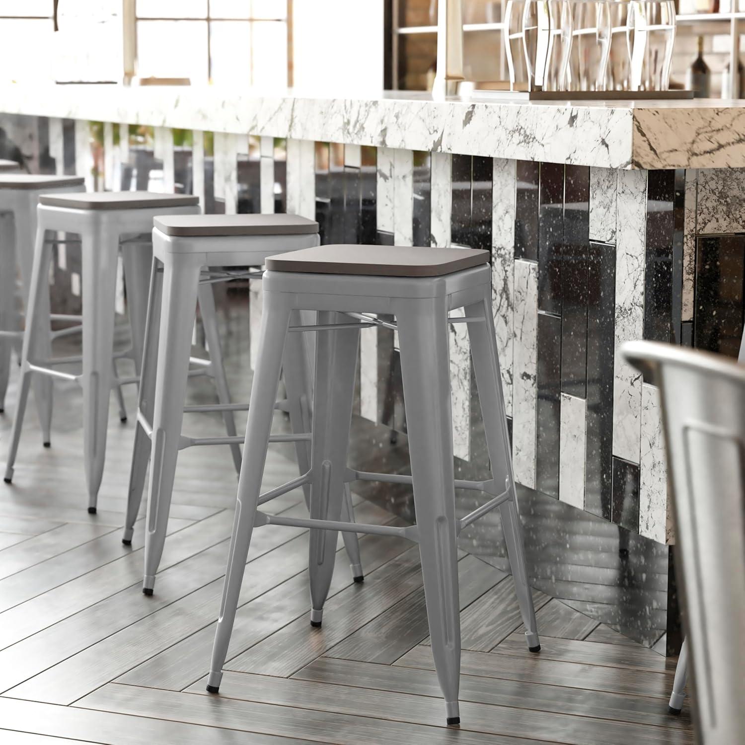 image:imageFlash Furniture Kai Commercial Grade IndoorOutdoor Bar Height Stool Silver Metal Frame Gray Poly Resin Seat 30 High BacklessSilverGray