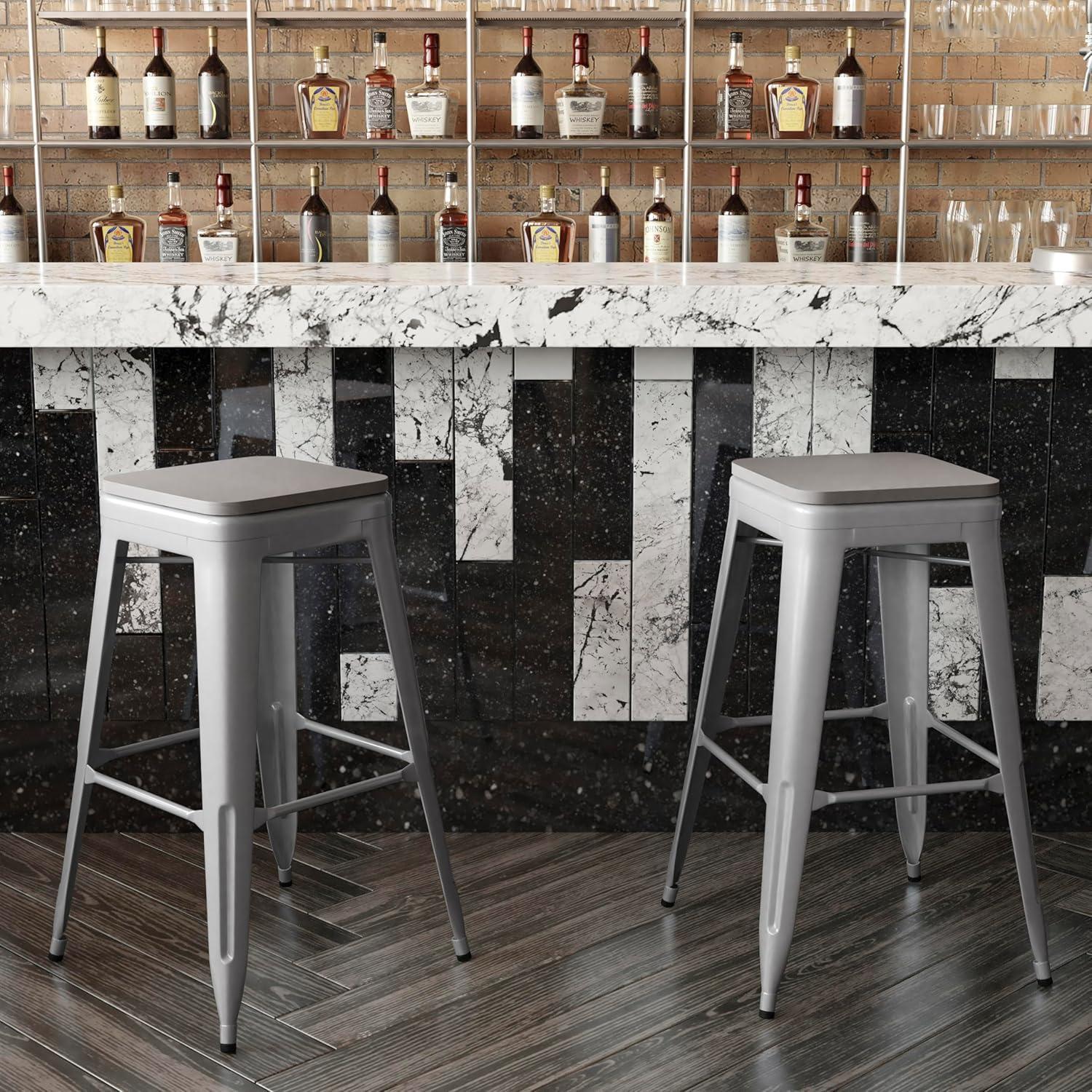 image:imageFlash Furniture Kai Commercial Grade IndoorOutdoor Bar Height Stool Silver Metal Frame Gray Poly Resin Seat 30 High BacklessSilverGray