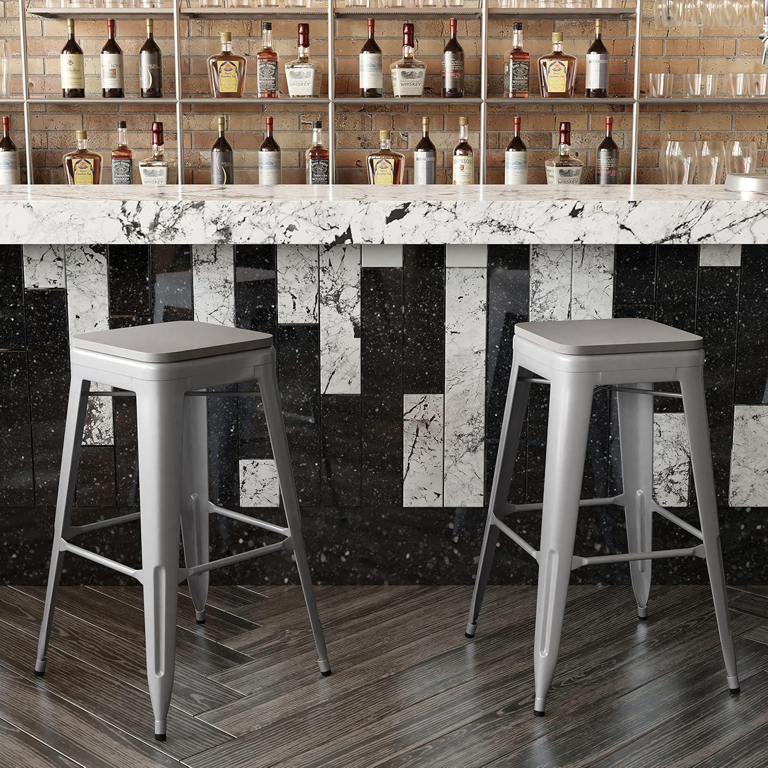 image:imageFlash Furniture Kai Commercial Grade IndoorOutdoor Bar Height Stool Silver Metal Frame Gray Poly Resin Seat 30 High BacklessSilverGray