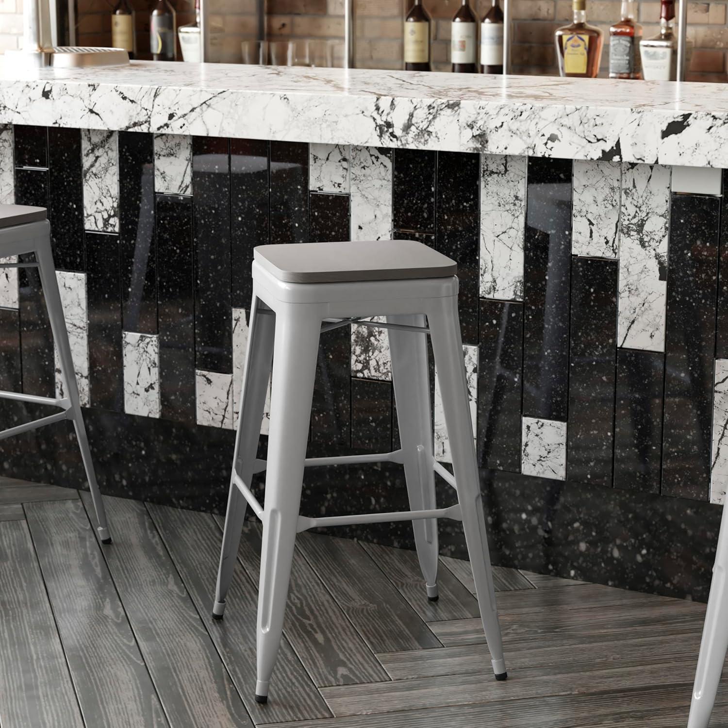 image:imageFlash Furniture Kai Commercial Grade IndoorOutdoor Bar Height Stool Silver Metal Frame Gray Poly Resin Seat 30 High BacklessSilverGray