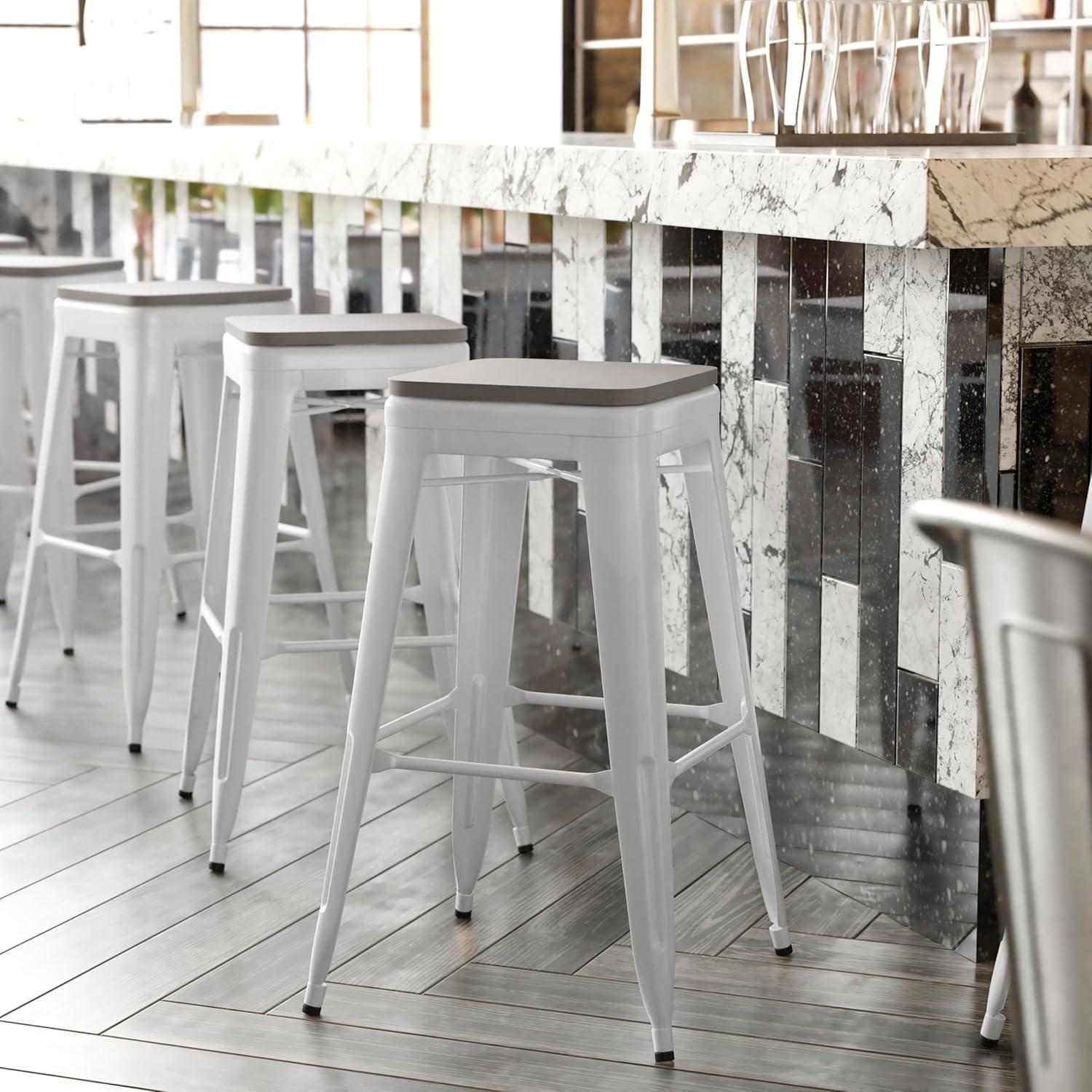image:imageFlash Furniture Kai Commercial Grade IndoorOutdoor Bar Height Stool Silver Metal Frame Gray Poly Resin Seat 30 High BacklessWhiteGray