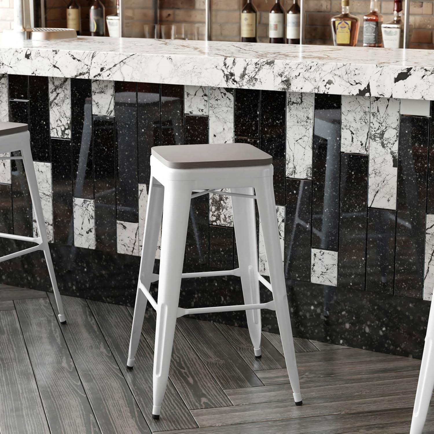 image:imageFlash Furniture Kai Commercial Grade IndoorOutdoor Bar Height Stool Silver Metal Frame Gray Poly Resin Seat 30 High BacklessWhiteGray
