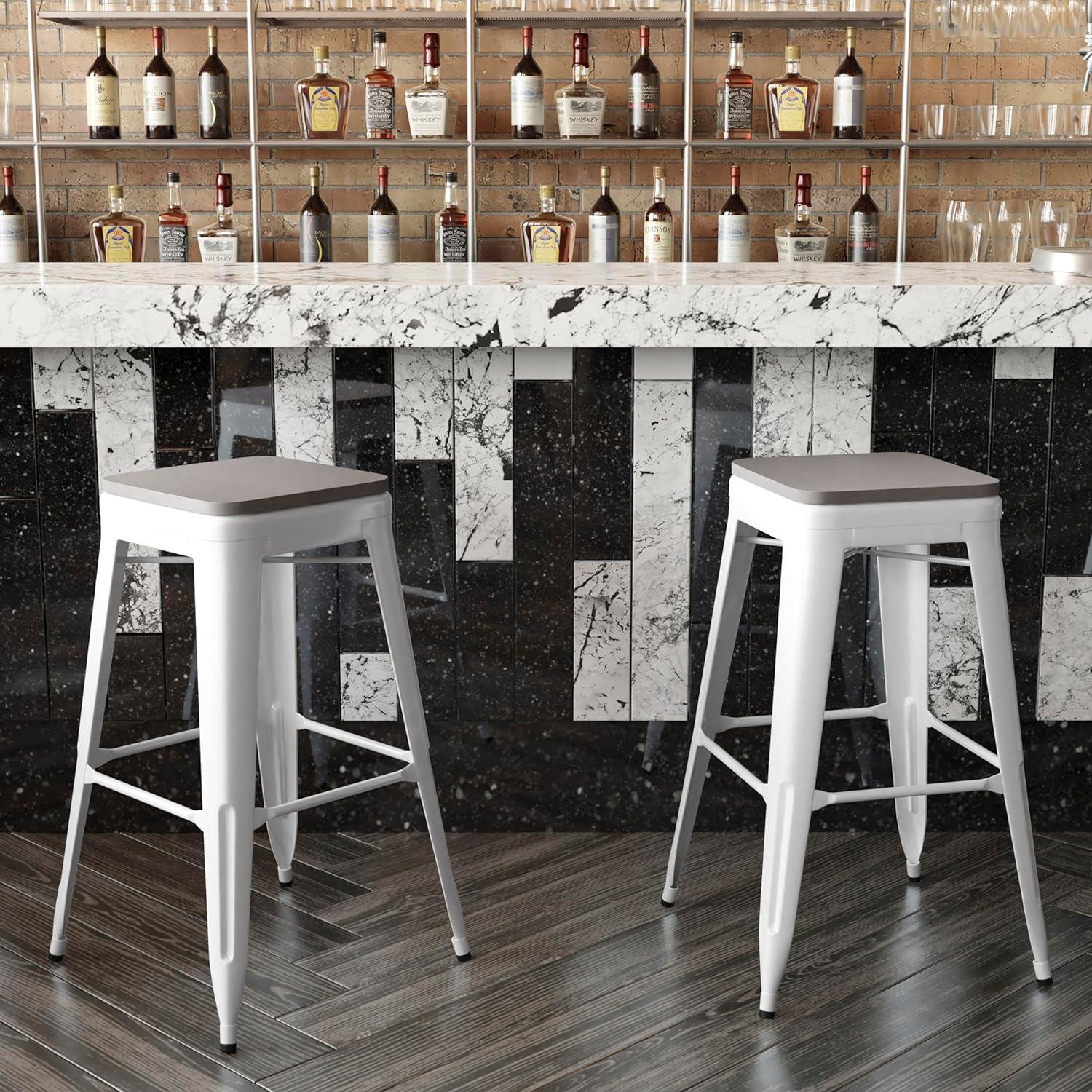 image:imageFlash Furniture Kai Commercial Grade IndoorOutdoor Bar Height Stool Silver Metal Frame Gray Poly Resin Seat 30 High BacklessWhiteGray