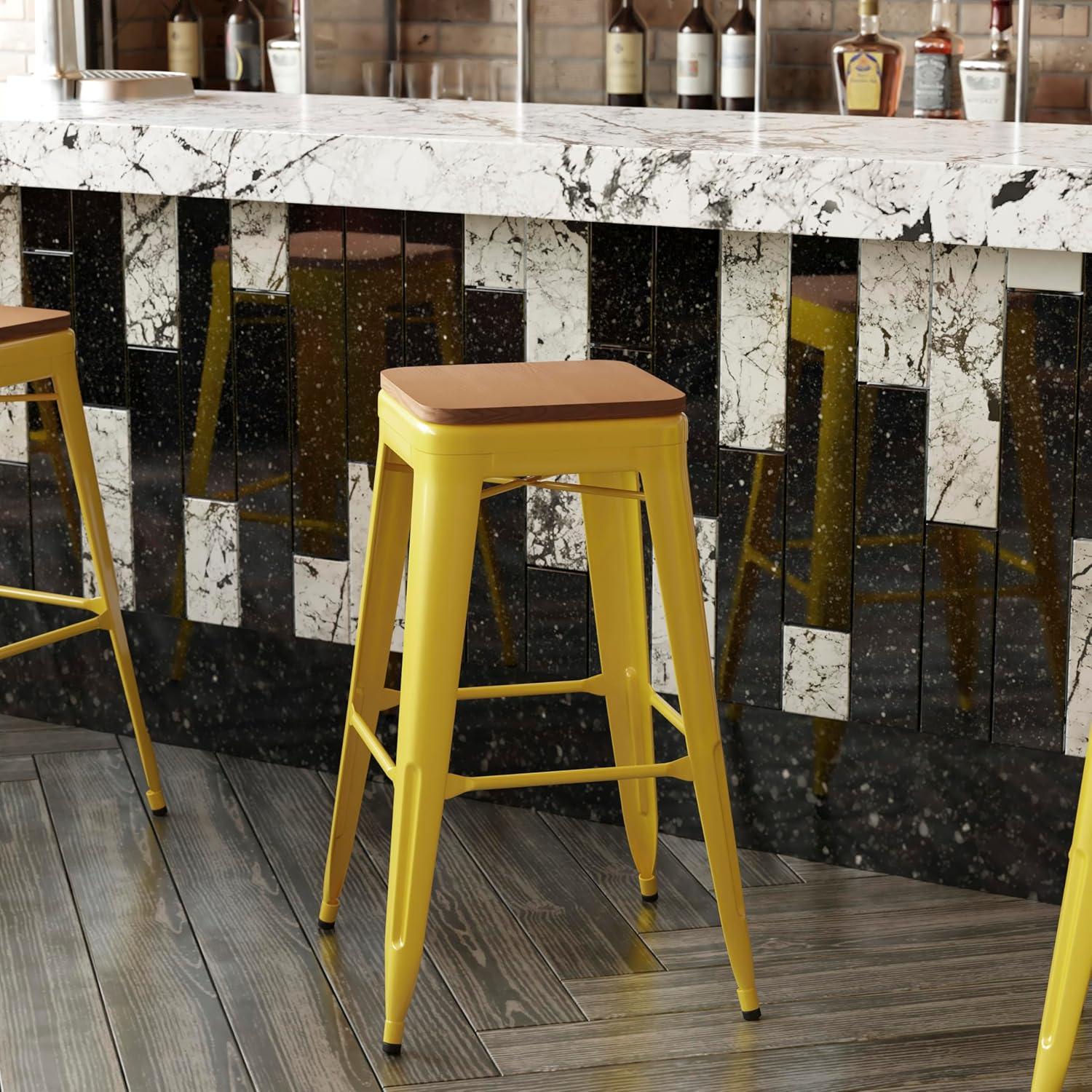 image:imageFlash Furniture Kai Commercial Grade IndoorOutdoor Bar Height Stool Silver Metal Frame Gray Poly Resin Seat 30 High BacklessYellowTeak