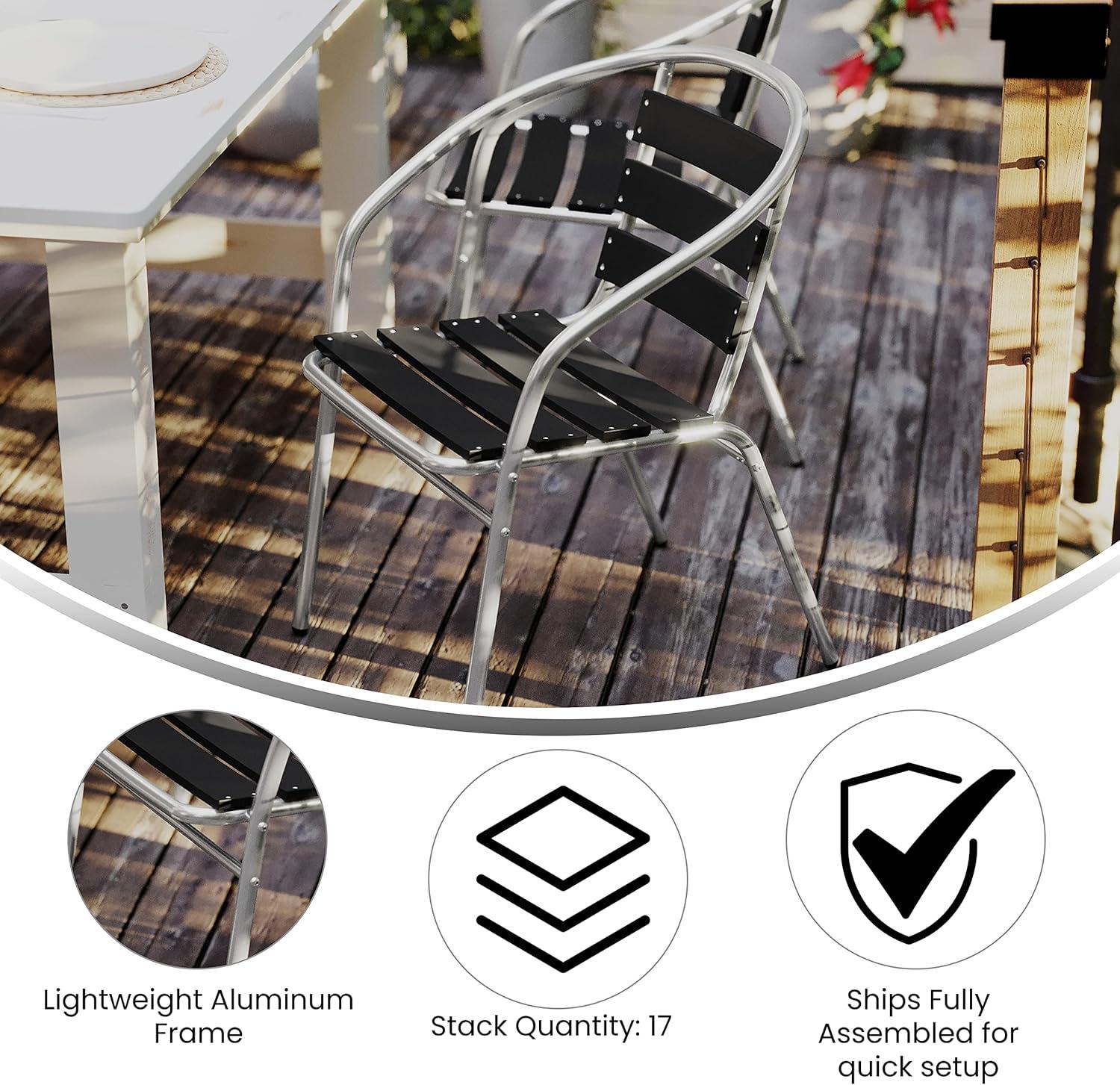 image:imageFlash Furniture Lila Commercial Metal IndoorOutdoor Restaurant Stack Chairs with Triple Slat Faux Teak Backs Set of 4 BlackBlack