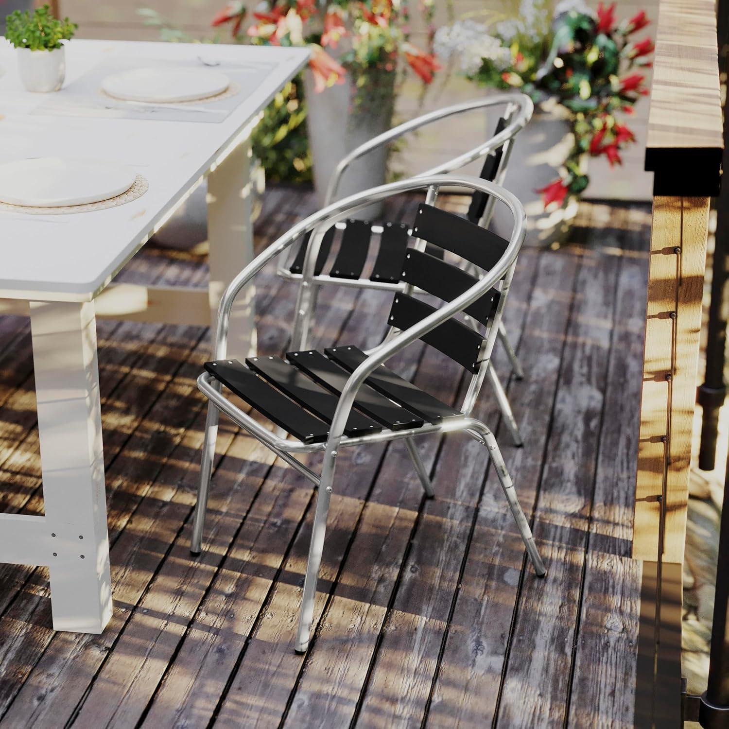 image:imageFlash Furniture Lila Commercial Metal IndoorOutdoor Restaurant Stack Chairs with Triple Slat Faux Teak Backs Set of 4 BlackBlack