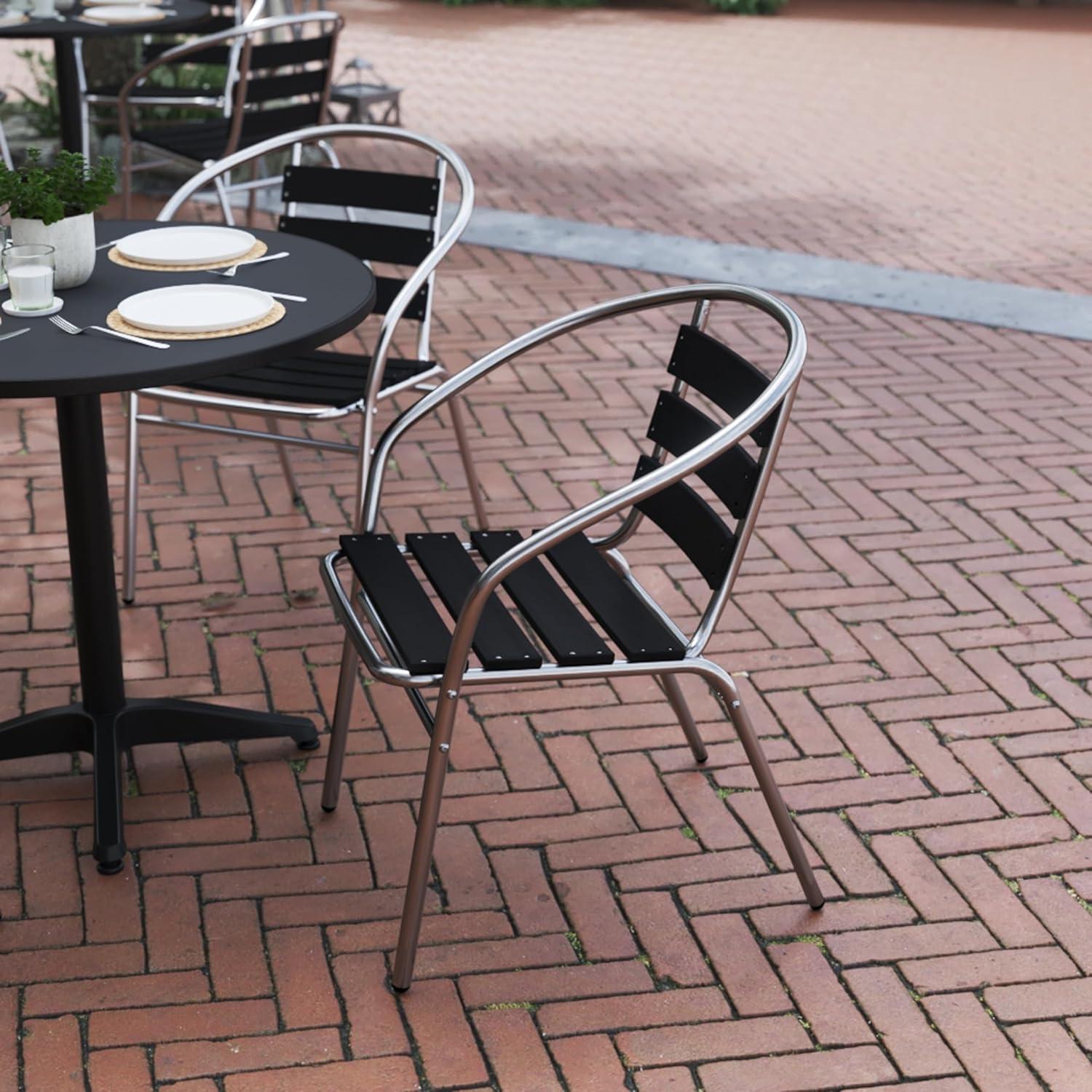 image:imageFlash Furniture Lila Commercial Metal IndoorOutdoor Restaurant Stack Chairs with Triple Slat Faux Teak Backs Set of 4 BlackBlack