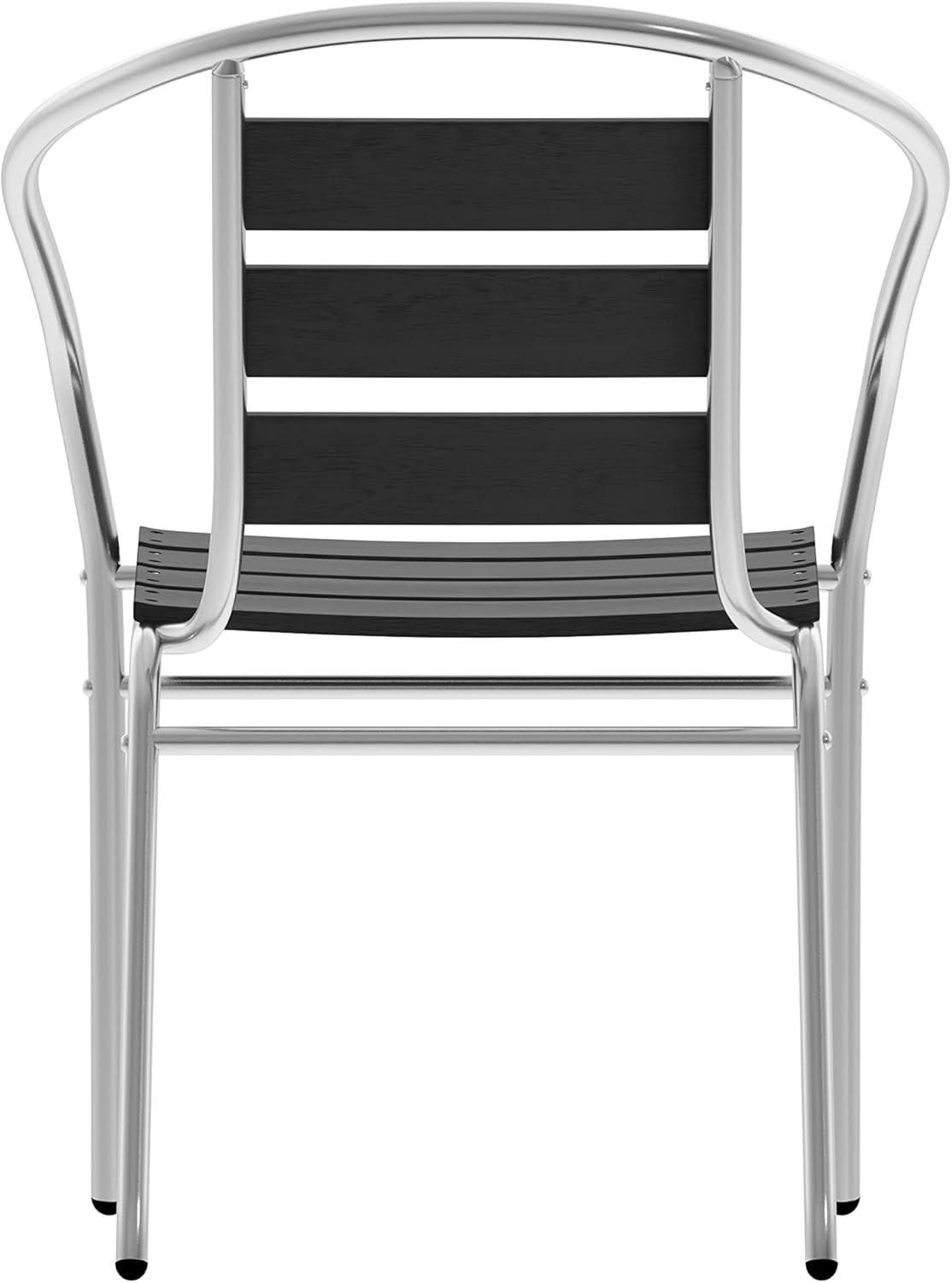 image:imageFlash Furniture Lila Commercial Metal IndoorOutdoor Restaurant Stack Chairs with Triple Slat Faux Teak Backs Set of 4 BlackBlack