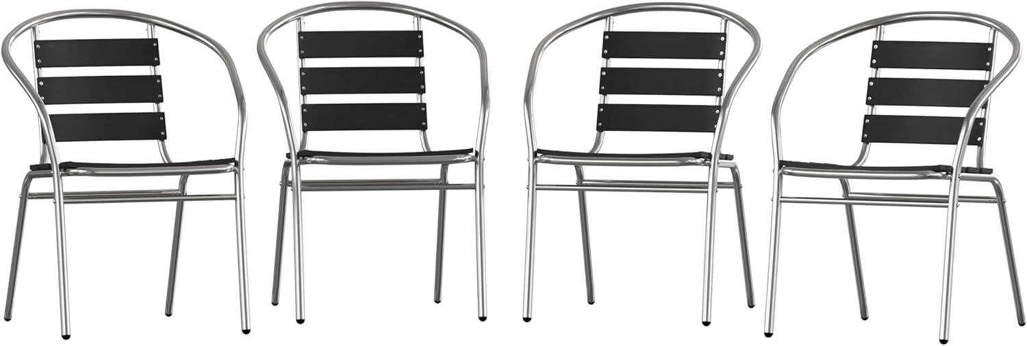 image:imageFlash Furniture Lila Commercial Metal IndoorOutdoor Restaurant Stack Chairs with Triple Slat Faux Teak Backs Set of 4 BlackBlack