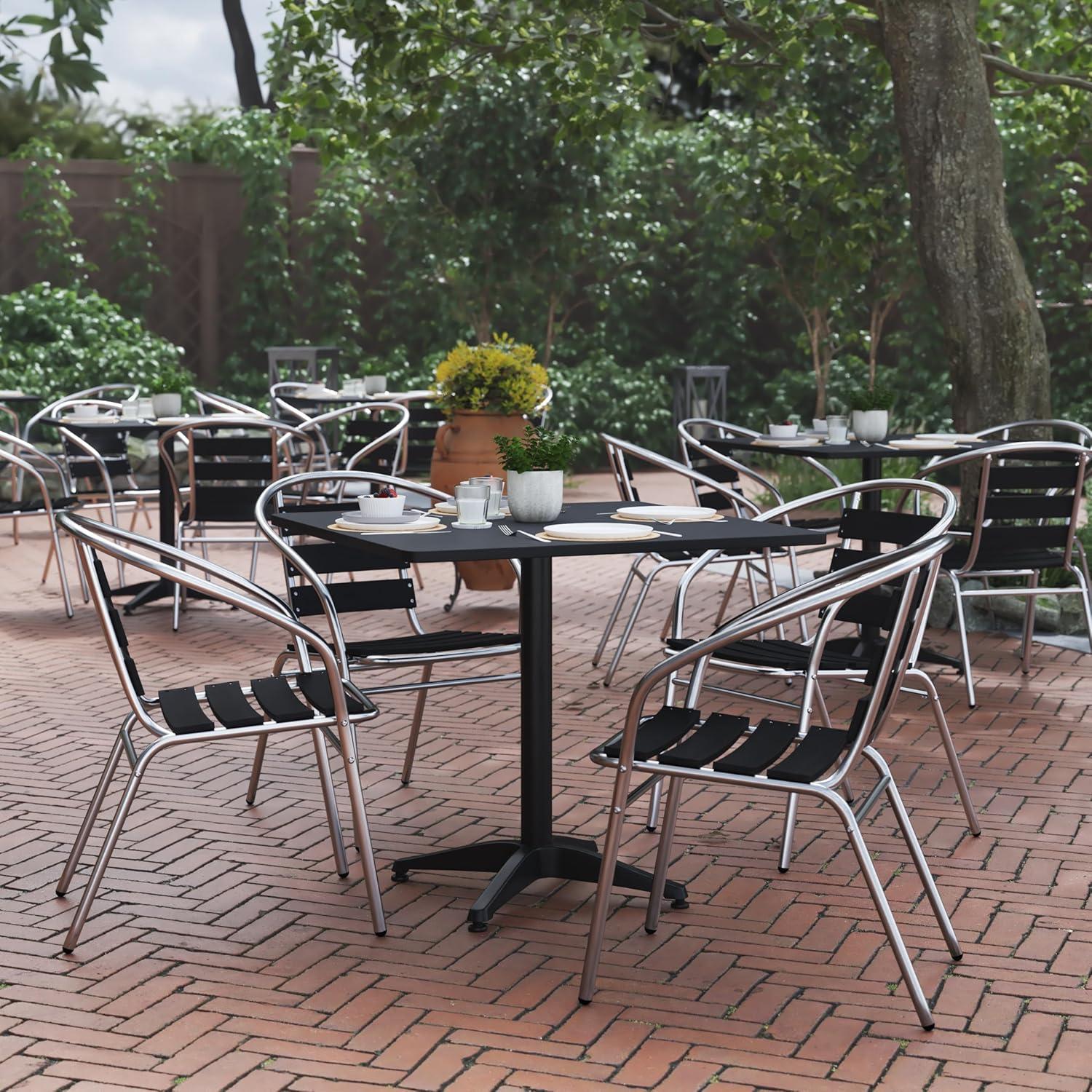image:imageFlash Furniture Lila Commercial Metal IndoorOutdoor Restaurant Stack Chairs with Triple Slat Faux Teak Backs Set of 4 BlackBlack