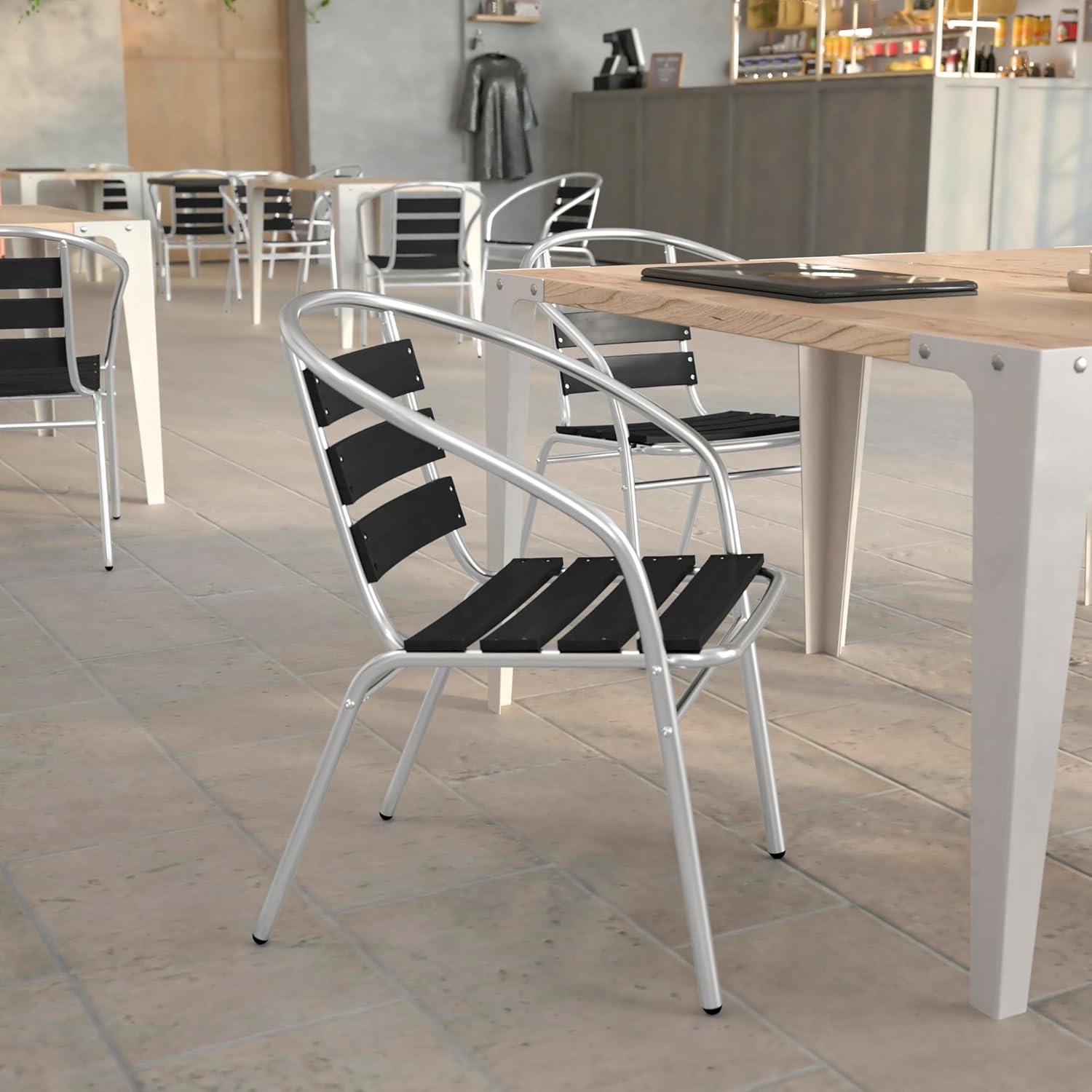 image:imageFlash Furniture Lila Commercial Metal IndoorOutdoor Restaurant Stack Chairs with Triple Slat Faux Teak Backs Set of 4 BlackBlack