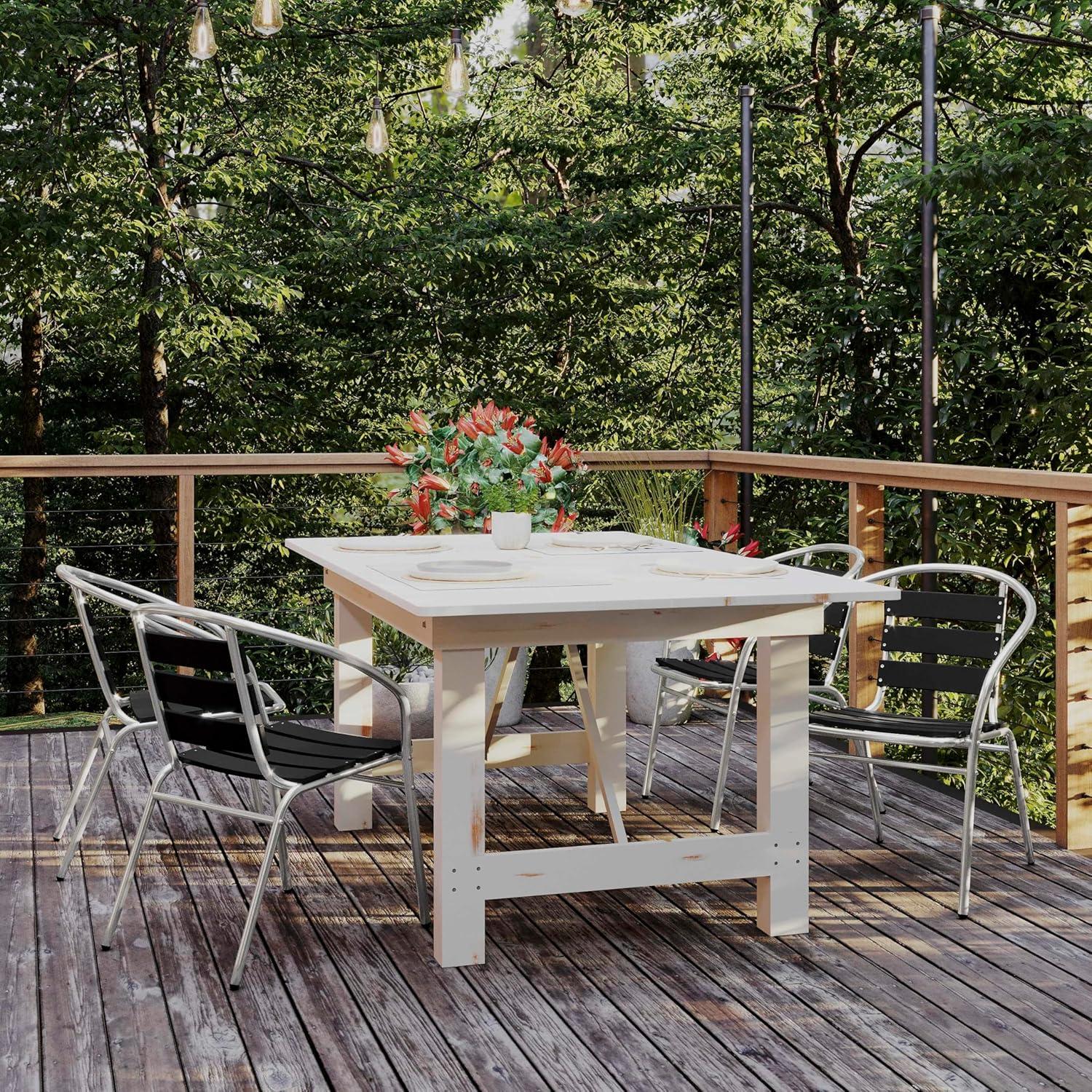 image:imageFlash Furniture Lila Commercial Metal IndoorOutdoor Restaurant Stack Chairs with Triple Slat Faux Teak Backs Set of 4 BlackBlack