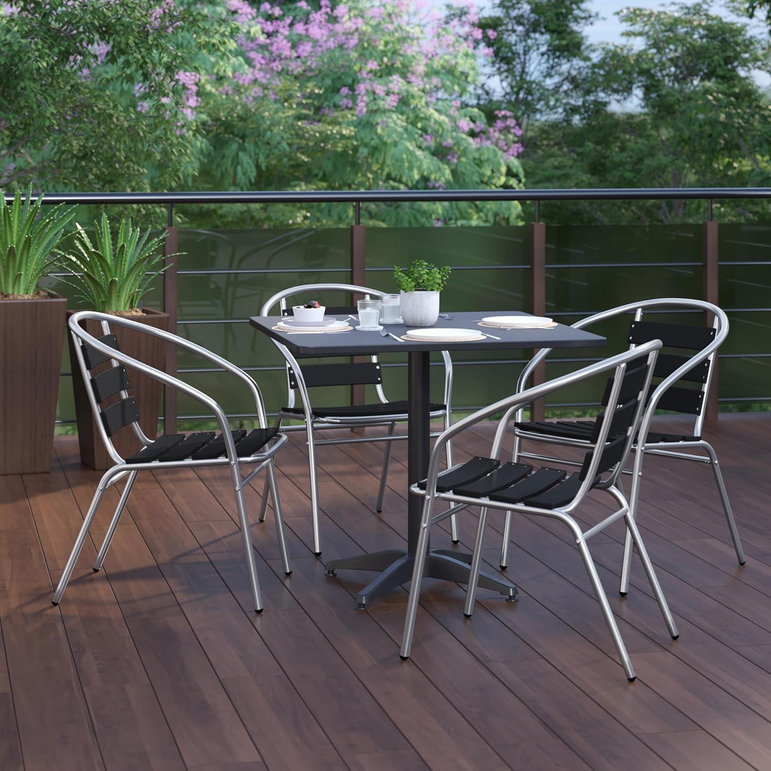 image:imageFlash Furniture Lila Commercial Metal IndoorOutdoor Restaurant Stack Chairs with Triple Slat Faux Teak Backs Set of 4 BlackBlack