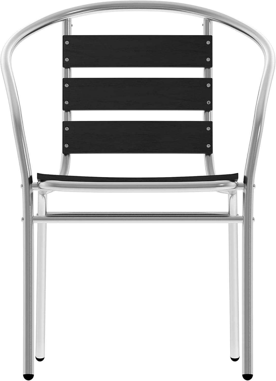 image:imageFlash Furniture Lila Commercial Metal IndoorOutdoor Restaurant Stack Chairs with Triple Slat Faux Teak Backs Set of 4 BlackBlack