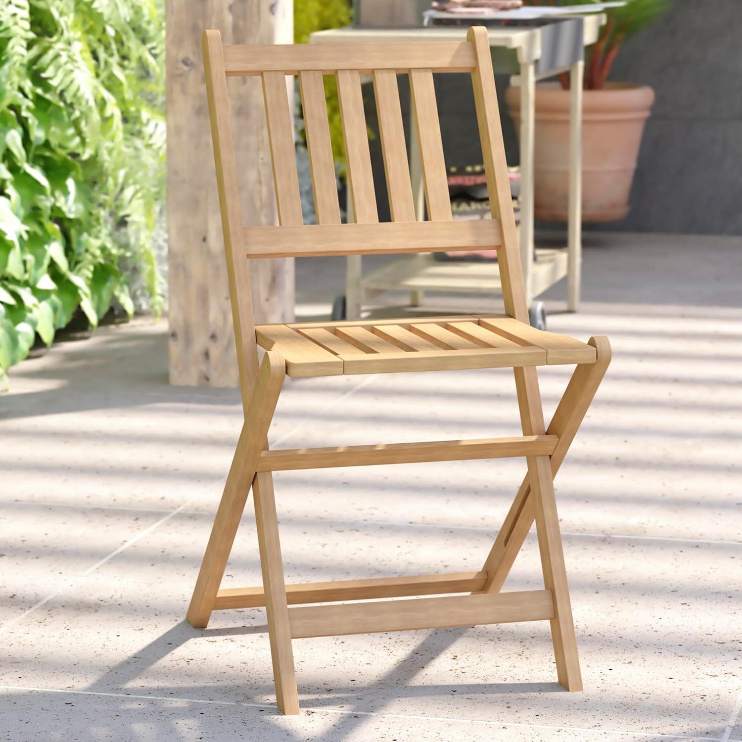 image:imageFlash Furniture Martindale IndoorOutdoor Folding Acacia Wood Bistro Chairs Natural Finish X Base Frame Slatted Back and Seat For Porch Patio or SunroomTraditional