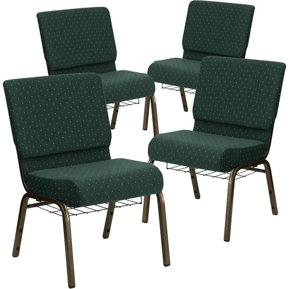 image:imageFlash Furniture 4 Pack HERCULES Series 21W Church Chair in Dark Gray Fabric with Book Rack Silver Vein FrameHunter Green Dot Patterned FabricGold Vein Frame
