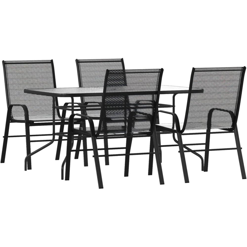 image:imageFlash Furniture Brazos 5 Piece Outdoor Patio Dining Set 4 Black Flex Comfort Stack Chairs 55 Tempered Glass Patio Table with Umbrella Hole