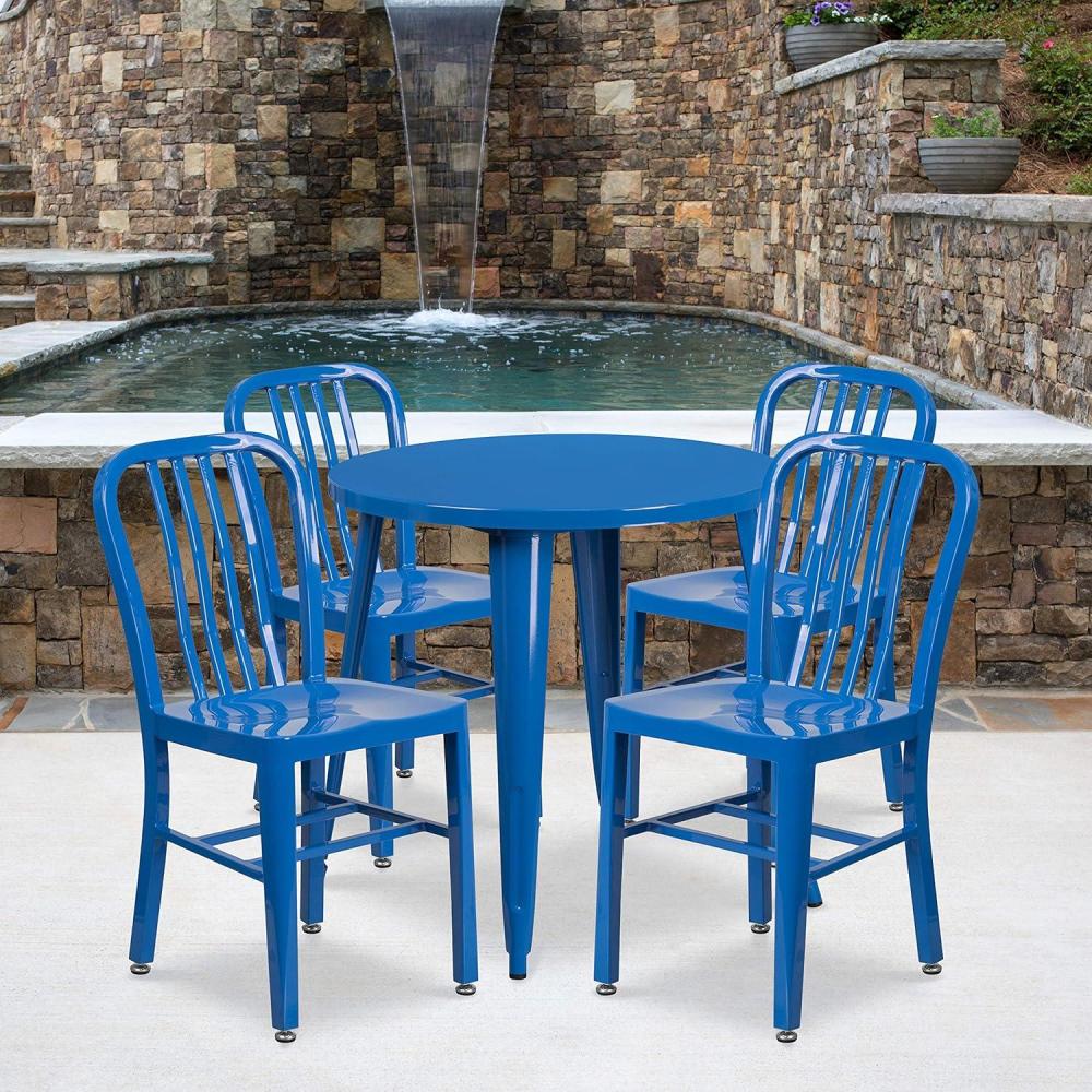 image:imageFlash Furniture Commercial Grade 30 Round Blue Metal IndoorOutdoor Table Set with 4 Vertical Slat Back ChairsBlue