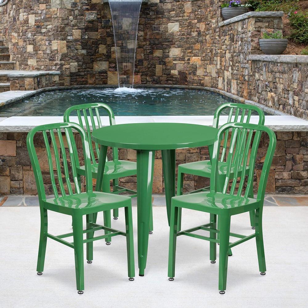 image:imageFlash Furniture Commercial Grade 30 Round Blue Metal IndoorOutdoor Table Set with 4 Vertical Slat Back ChairsGreen