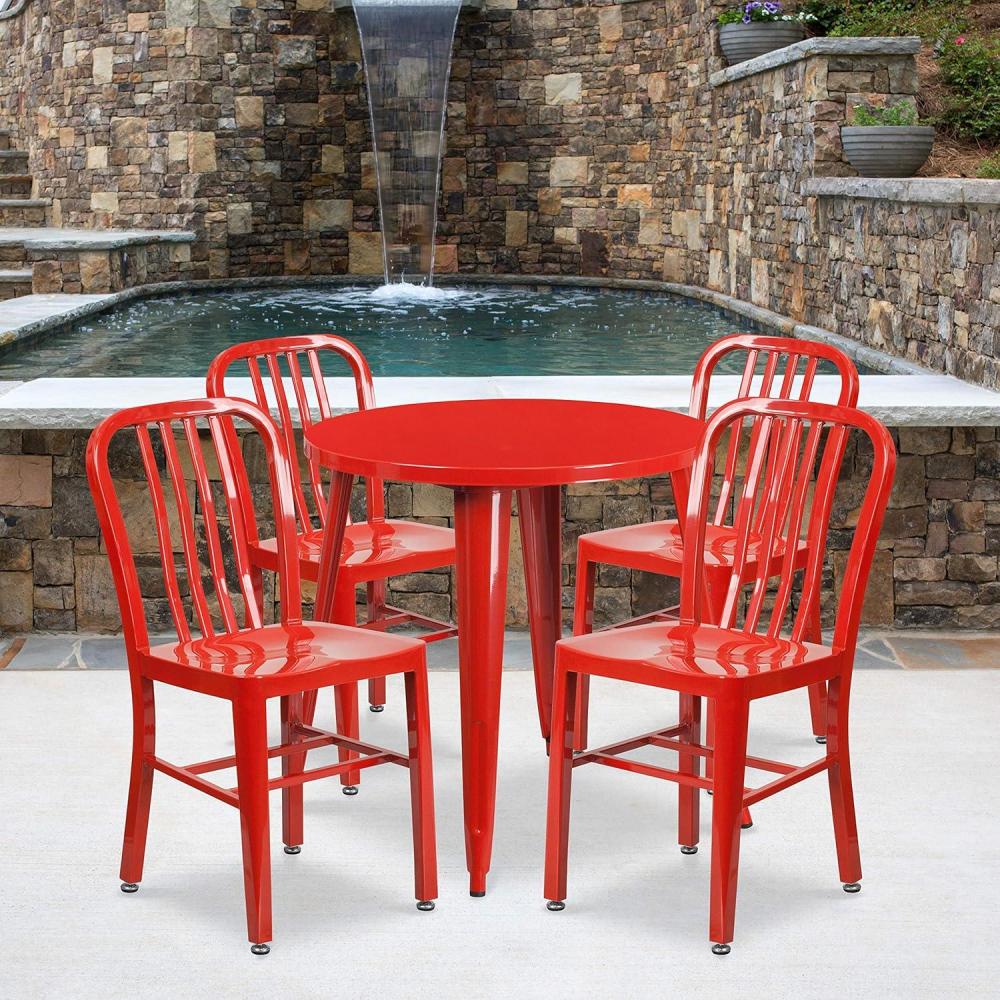 image:imageFlash Furniture Commercial Grade 30 Round Blue Metal IndoorOutdoor Table Set with 4 Vertical Slat Back ChairsRed