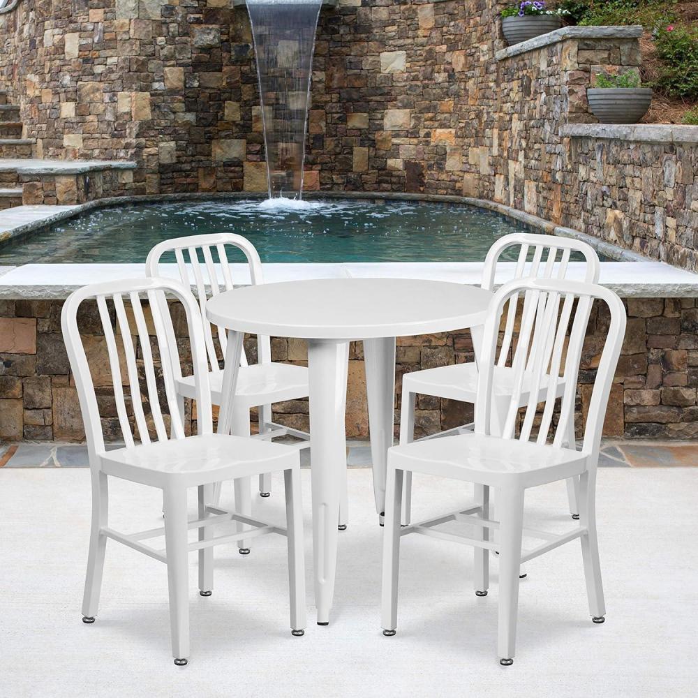 image:imageFlash Furniture Commercial Grade 30 Round Blue Metal IndoorOutdoor Table Set with 4 Vertical Slat Back ChairsWhite