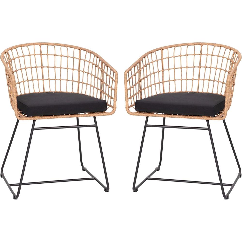 image:imageFlash Furniture Devon Set of 2 Patio Boho Club Chairs Rope with Natural Finish PE Wicker Rattan Black Seat Cushions and Sled Base IndoorOutdoor Use