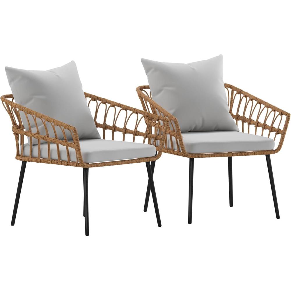 image:imageFlash Furniture Evin Set of 2 Boho IndoorOutdoor Patio Chairs  Natural Finish Faux Rattan Wicker  Gray AllWeather Cushions  Integrated Armrests