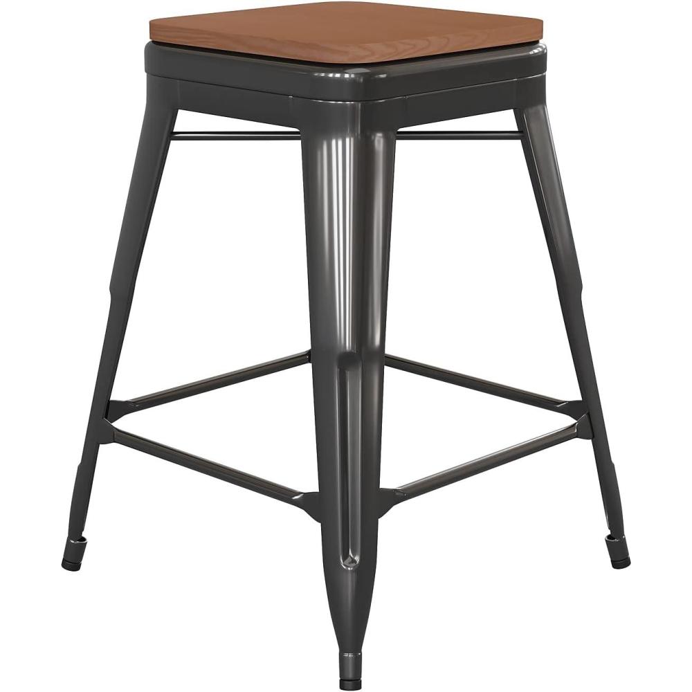 image:imageFlash Furniture Kai Commercial Grade IndoorOutdoor Bar Height Stool Silver Metal Frame Gray Poly Resin Seat 30 High BacklessBlackTeak