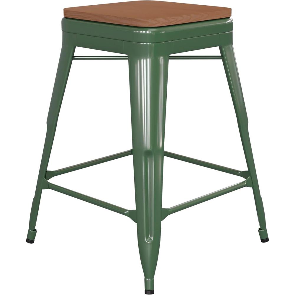 image:imageFlash Furniture Kai Commercial Grade IndoorOutdoor Bar Height Stool Silver Metal Frame Gray Poly Resin Seat 30 High BacklessGreenTeak
