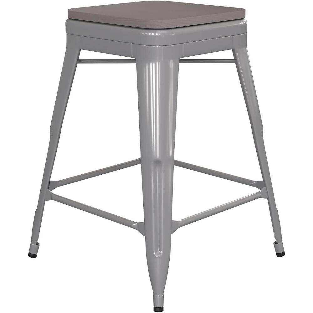 image:imageFlash Furniture Kai Commercial Grade IndoorOutdoor Bar Height Stool Silver Metal Frame Gray Poly Resin Seat 30 High BacklessSilverGray