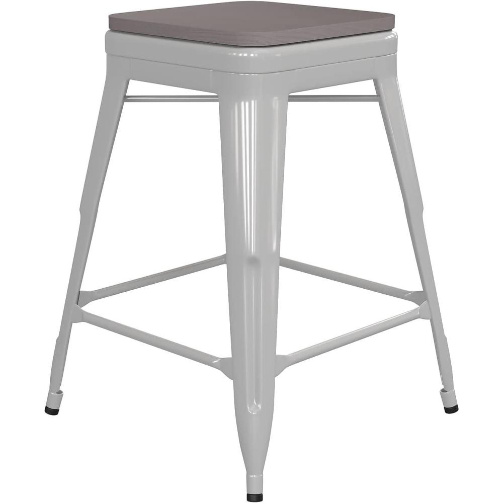 image:imageFlash Furniture Kai Commercial Grade IndoorOutdoor Bar Height Stool Silver Metal Frame Gray Poly Resin Seat 30 High BacklessWhiteGray