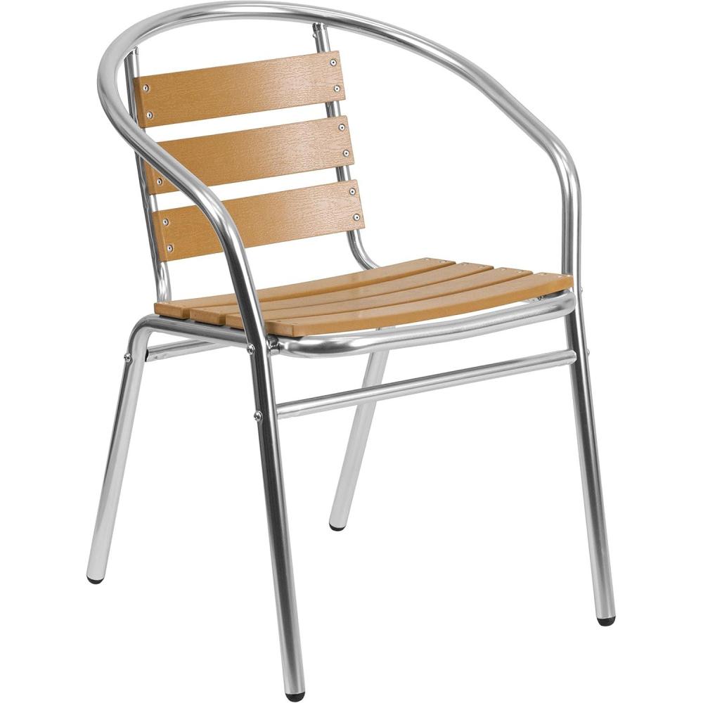 image:imageFlash Furniture Lila Commercial Metal IndoorOutdoor Restaurant Stack Chairs with Triple Slat Faux Teak Backs Set of 4 BlackAluminum