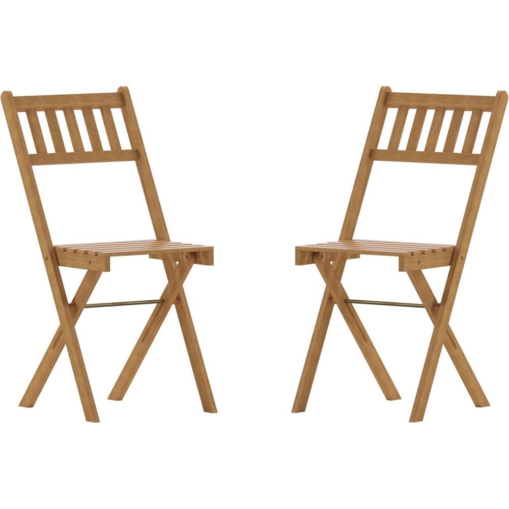 image:imageFlash Furniture Martindale IndoorOutdoor Folding Acacia Wood Bistro Chairs  Natural Finish  X Base Frame  Slatted Back and Seat  For Porch Patio or SunroomTraditional