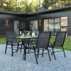 Flash Furniture Brazos 5 Piece Outdoor Patio Dining Set – 4 Black Flex Comfort Stack Chairs – 55″ Tempered Glass Patio Table with Umbrella Hole