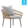 Flash Furniture Evin Set of 2 Boho Indoor/Outdoor Patio Chairs – Natural Finish Faux Rattan Wicker – Gray All-Weather Cushions – Integrated Armrests