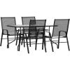Flash Furniture Brazos 5 Piece Outdoor Patio Dining Set – 4 Black Flex Comfort Stack Chairs – 55″ Tempered Glass Patio Table with Umbrella Hole