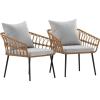 Flash Furniture Evin Set of 2 Boho Indoor/Outdoor Patio Chairs – Natural Finish Faux Rattan Wicker – Gray All-Weather Cushions – Integrated Armrests