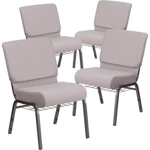 Flash Furniture 4 Pack HERCULES Series 21”W Church Chair in Dark Gray Fabric with Book Rack – Silver Vein Frame(Gray Dot Fabric/Silver Vein Frame)
