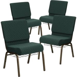 Flash Furniture 4 Pack HERCULES Series 21”W Church Chair in Dark Gray Fabric with Book Rack – Silver Vein Frame(Hunter Green Dot Patterned Fabric/Gold Vein Frame)