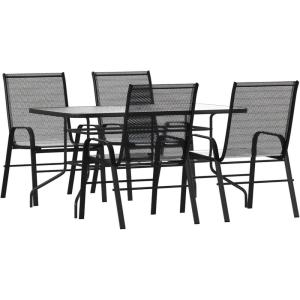 Flash Furniture Brazos 5 Piece Outdoor Patio Dining Set – 4 Black Flex Comfort Stack Chairs – 55″ Tempered Glass Patio Table with Umbrella Hole